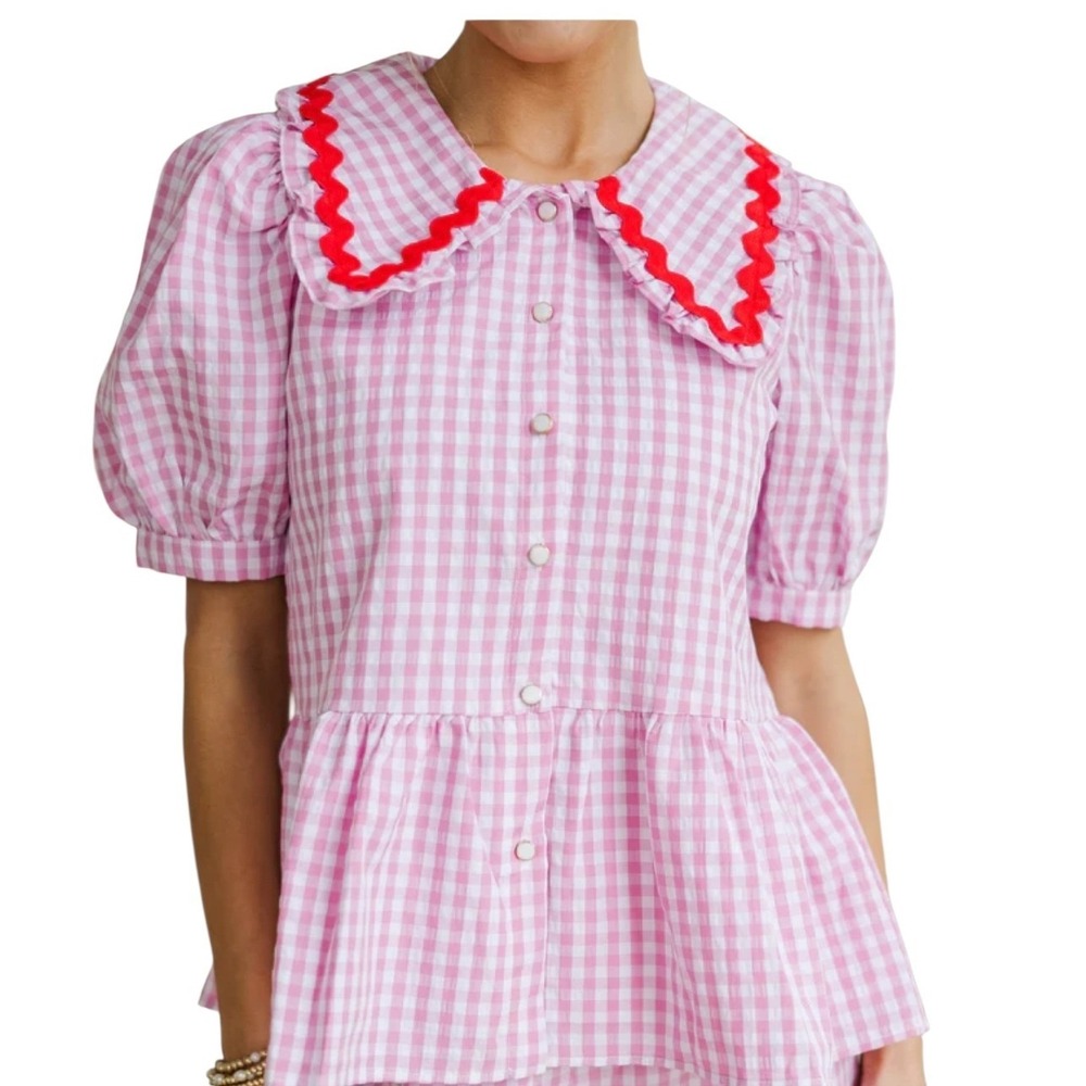 TCEC Gingham Coquette Girl Womens size Small Fairycore Dainty‎ Peplum Prep Top